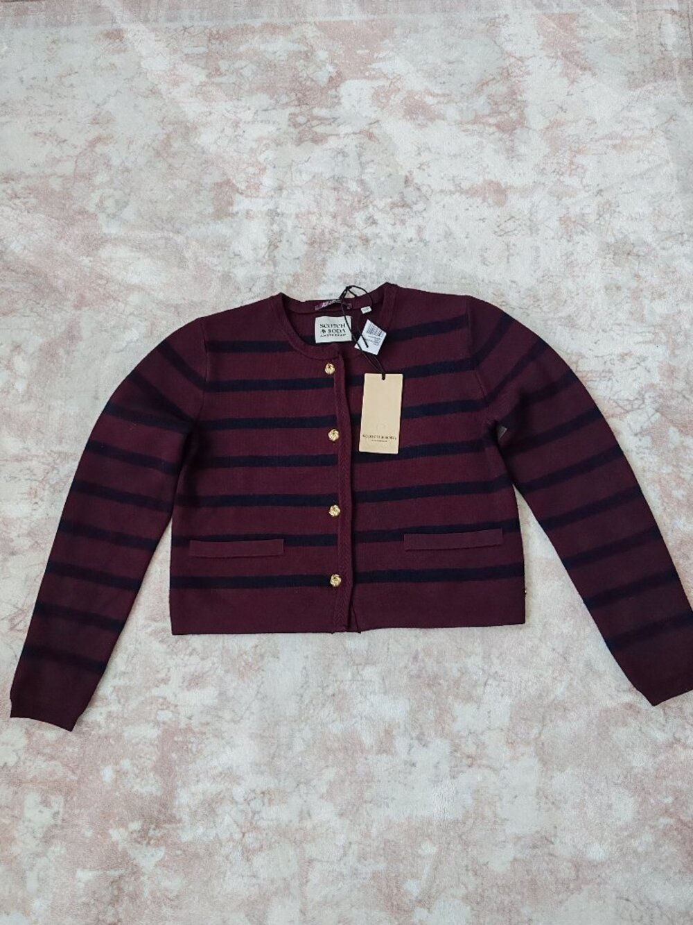 NWT Scotch & Soda Striped Knit Cardigan Sweater Gold Buttons Wine Navy XS - Picture 2 of 13